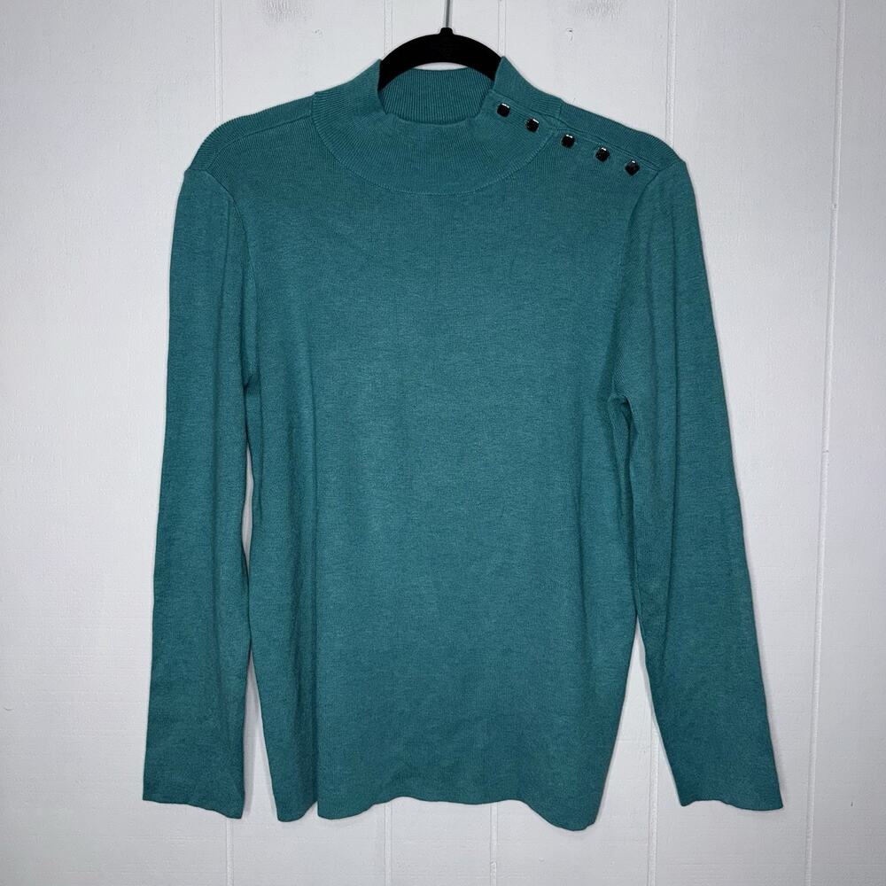 Chico’s Women’s Turtleneck Mock Neck Sweater Button Detail Teal Size 2, L NWT
